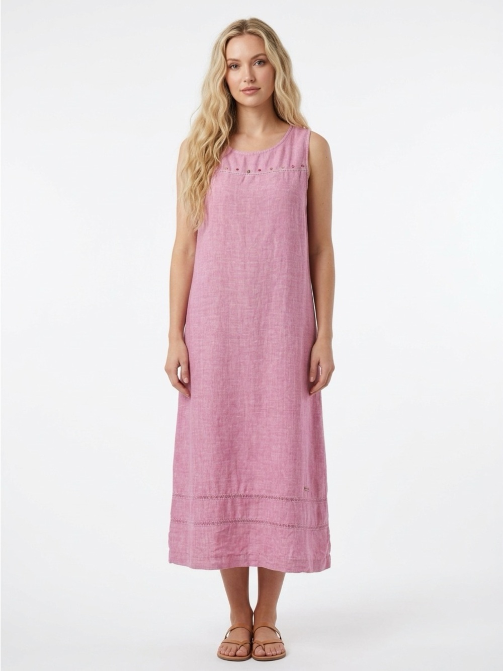 Supremes Style Embroidered Sleeveless Maxi Dress Linen Pink Medium Large